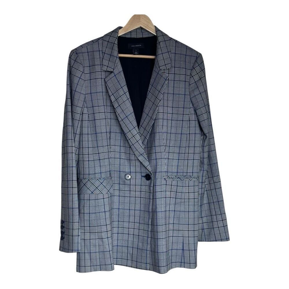 Plaid Blazer Women's Double‎ Breasted Checkered Career Jacket Gray Blue - Picture 2 of 8